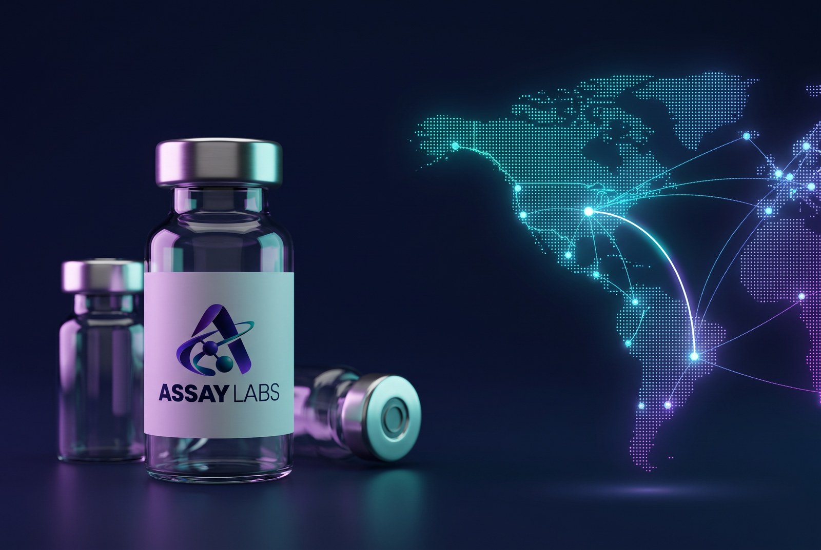 Frascos Assay Labs ao lado de um mapa digital conectando o Brasil aos Estados Unidos